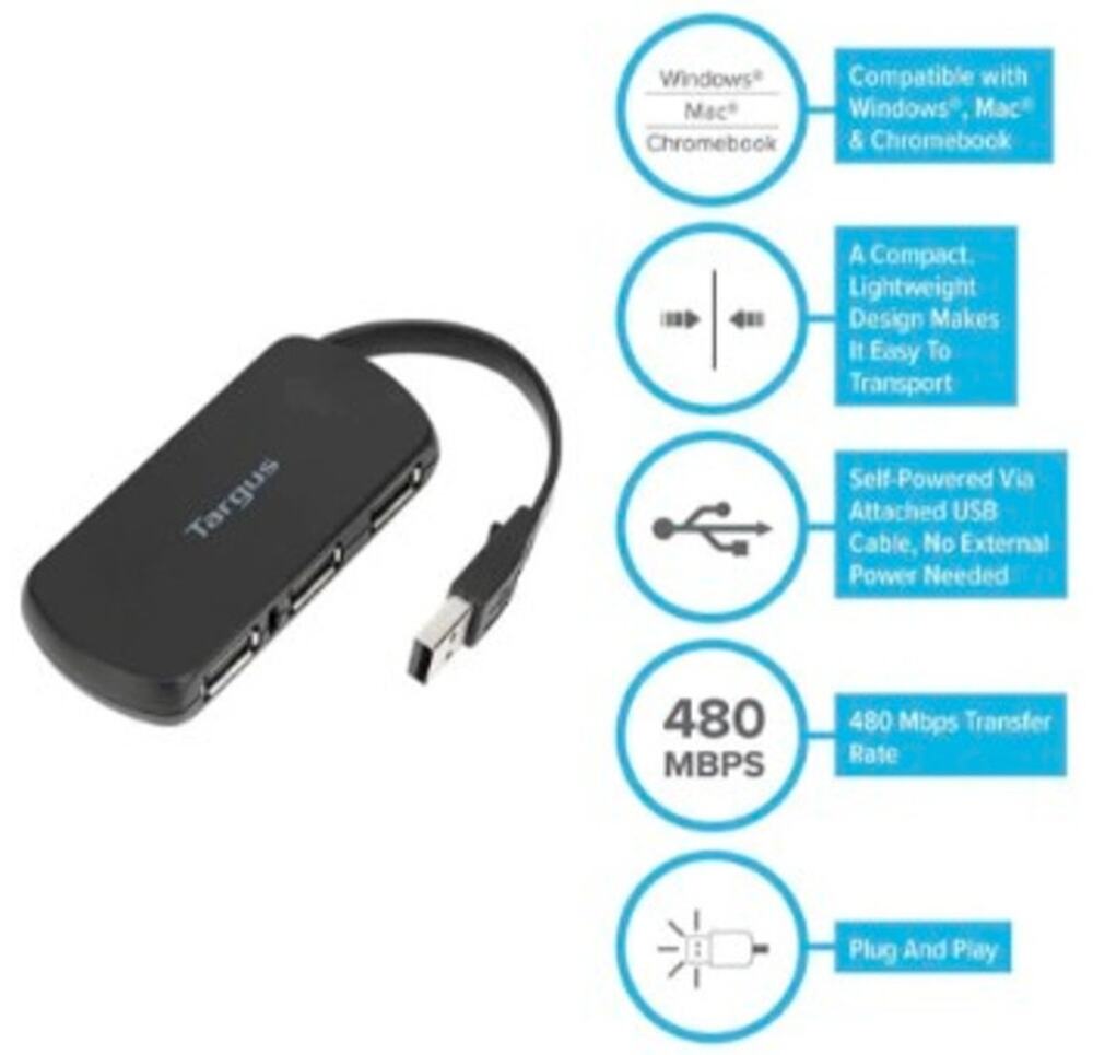 Targus USB 2.0 4-Port USB Hub High Speed Plug-and-Play Windows Mac Chromebook PC